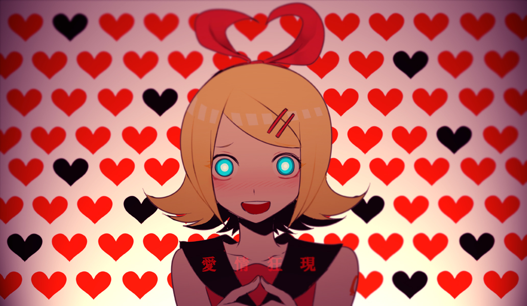 1girl blonde_hair blush harano heart kagamine_rin looking_at_viewer open_mouth short_hair smile solo vocaloid