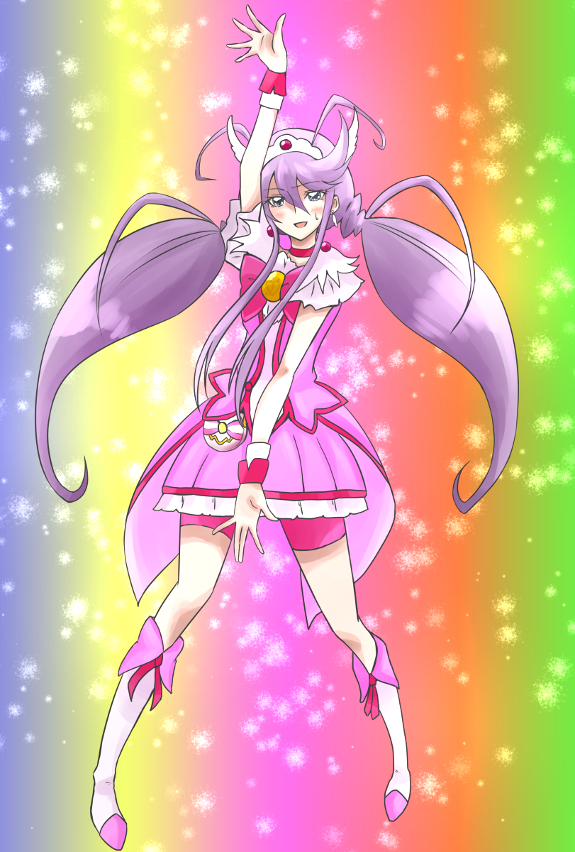 1girl antenna_hair arm_up bike_shorts blue_eyes boots bowtie brooch choker cure_happy cure_happy_(cosplay) cure_happy_pose cure_moonlight dress embarrassed gacchahero head_wings heartcatch_precure! heaven_condition highres jewelry long_hair magical_girl pink_dress precure purple_hair shorts_under_skirt skirt smile_precure! solo sweat tiara tsukikage_yuri twintails wrist_cuffs