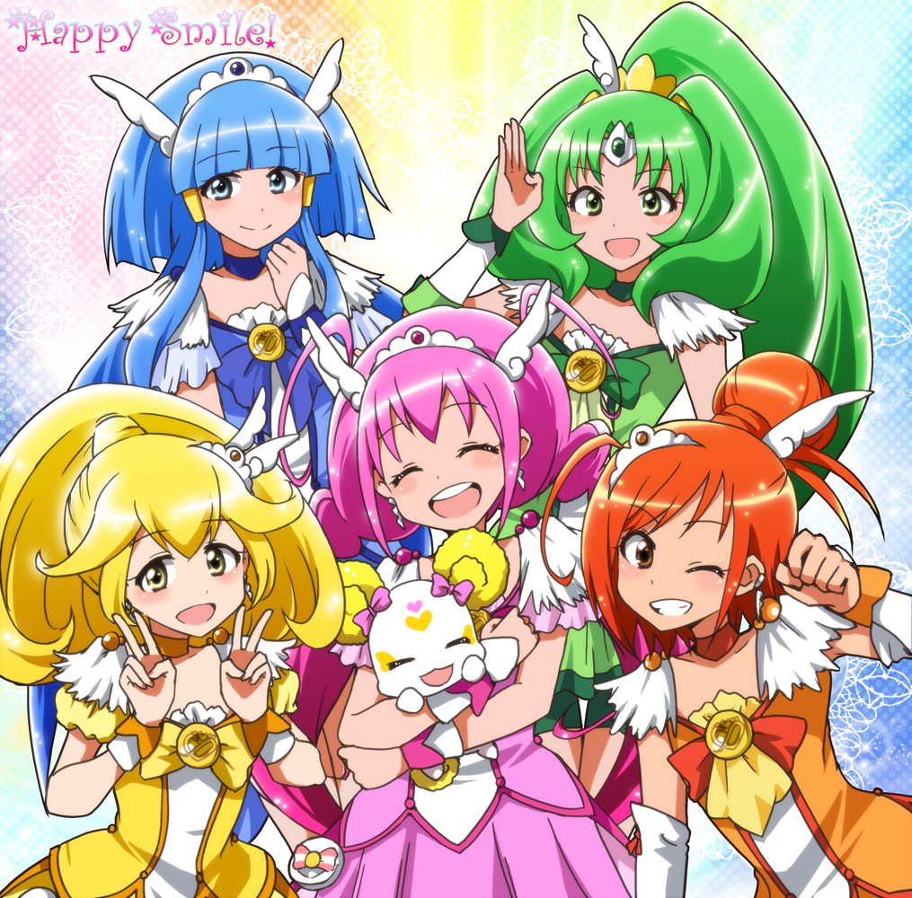 5girls :d aoki_reika blonde_hair blue_eyes blue_hair blush bow candy_(smile_precure!) choker closed_eyes creature cure_beauty cure_happy cure_march cure_peace cure_sunny double_v earrings elbow_gloves english eyes_closed gloves green_eyes green_hair grin hair_tubes head_wings hino_akane hoshizora_miyuki jewelry kidachi kise_yayoi long_hair magical_girl midorikawa_nao multiple_girls open_mouth orange_eyes orange_hair pink_hair ponytail precure smile smile_pact smile_precure! tiara tri_tails twintails v wink wrist_cuffs yellow_eyes