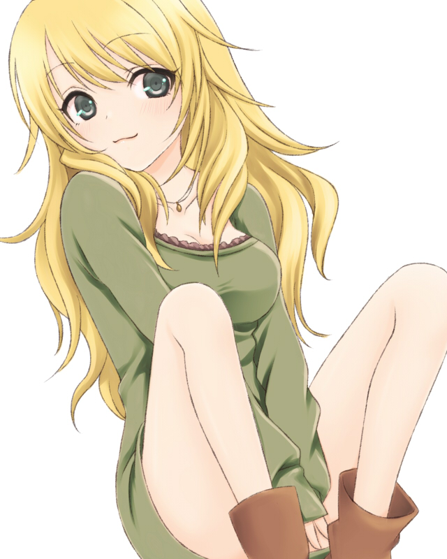 1girl :3 bare_legs between_legs blonde_hair boots grey_eyes hand_between_legs hoshii_miki idolmaster jewelry long_hair pendant simple_background sitting smile solo sweater tayu_(yuntayu) v_arms white_background