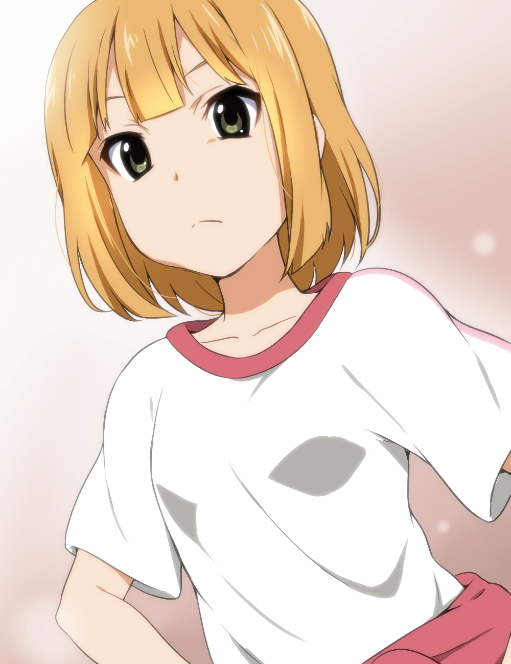 1girl blonde_hair frown green_eyes gym_uniform highres ikari_manatsu jacket_around_waist short_hair solo tamako_market tokiwa_midori track_jacket