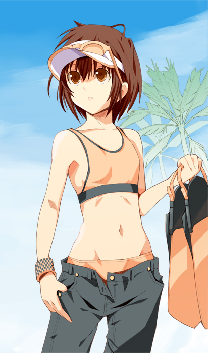 1girl bare_shoulders blue_sky brown_eyes brown_hair cloud clouds collarbone flat_chest flippers halterneck jeans looking_away mamoru_(sister_princess) midriff mizugame mound_of_venus navel open_fly palm_tree parted_lips short_hair sister_princess sky solo sunglasses thumb_in_pocket tomboy tree unzipped visor_cap wristband