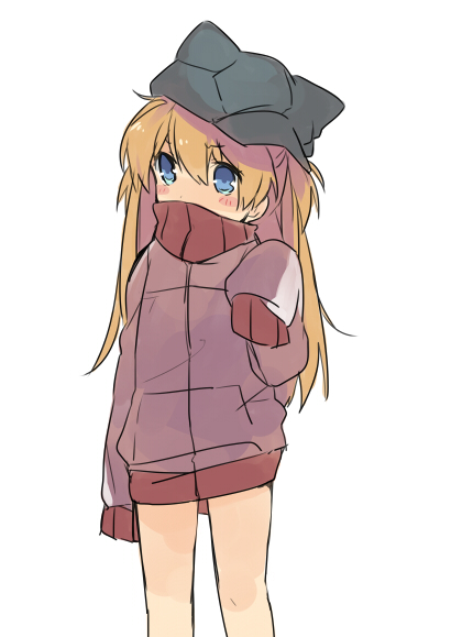 1girl blue_eyes blush brown_hair covered_mouth hat hat_with_ears long_hair long_sleeves mizuki_(koko_lost) naked_sweater neon_genesis_evangelion oversized_clothes shikinami_asuka_langley solo soryu_asuka_langley souryuu_asuka_langley sweater