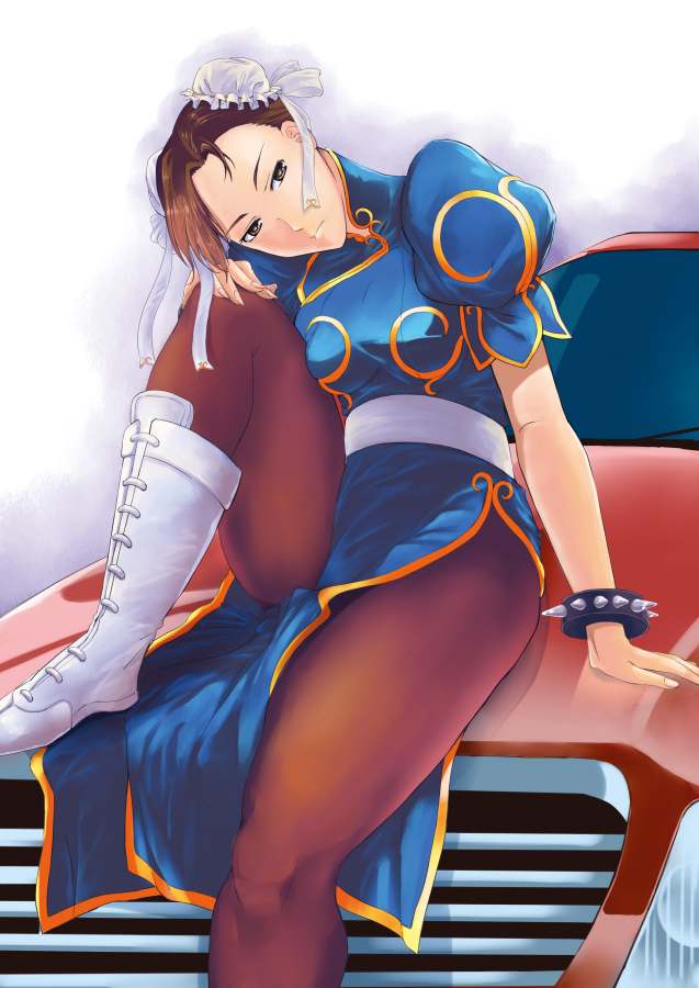 1girl boots bracelet breasts brown_eyes brown_hair brown_legwear bun_cover car china_dress chinese_clothes chun-li double_bun earrings female hachito_hajime jewelry motor_vehicle pantyhose sash short_hair sitting solo spiked_bracelet spikes street_fighter thighs vehicle