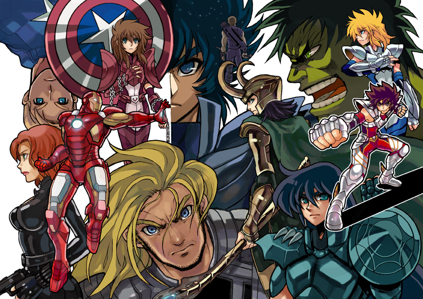 andromeda_shun armor avengers black_widow captain_america clint_barton crossover cygnus_hyoga dragon_shiryu full_armor hawkeye_(marvel) hulk iron_man loki_(marvel) long_hair marvel multiple_boys natasha_romanoff pegasus_seiya phoenix_ikki saint_seiya shield short_hair steve_rogers thor_(marvel) zaionic