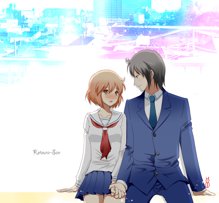 1boy 1girl blazer blush couple hand_holding holding_hands kotoura-san kotoura_haruka machinosuke manabe_yoshihisa necktie orange_eyes orange_hair school_uniform short_hair sitting smile title_drop