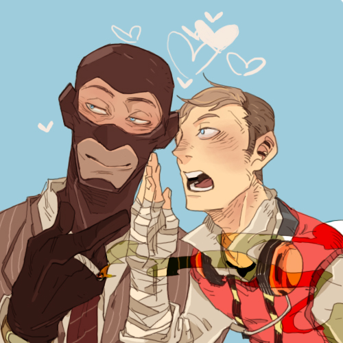 2boys balaclava bandages blue_background blue_eyes bust cigarette dress_shirt fast_learner formal gloves headset heart lowres male multiple_boys necktie no_hat no_headwear open_mouth popped_collar shirt simple_background smoke smoking suit t8909 team_fortress_2 the_scout the_spy