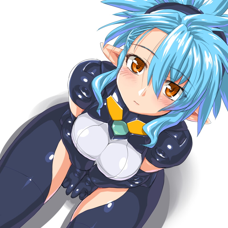 1girl between_legs blue_hair blush busou_shinki dd_(artist) doll_joints from_above gloves hand_between_legs looking_at_viewer looking_up pointy_ears proxima short_hair simple_background sitting solo v_arms white_background yellow_eyes