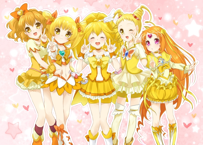 5girls bike_shorts blonde_hair boots bow brooch bubble_skirt choker circlet closed_eyes color_connection cure_lemonade cure_muse cure_muse_(yellow) cure_peace cure_pine cure_sunshine double_v dress earrings eyes_closed fresh_precure! frills hair_ornament hair_ribbon heart heartcatch_precure! instrument jewelry kasugano_urara kise_yayoi long_hair magical_girl midriff multiple_girls myoudouin_itsuki open_mouth orange_hair pink_background ponytail precure purple_eyes ribbon shirabe_ako short_hair shorts_under_skirt skirt smile smile_precure! suite_precure thigh-highs thighhighs tiara twintails v violet_eyes wink wrist_cuffs yamabuki_inori yellow_bike_shorts yellow_dress yellow_eyes yellow_legwear yes!_precure_5 yupachi