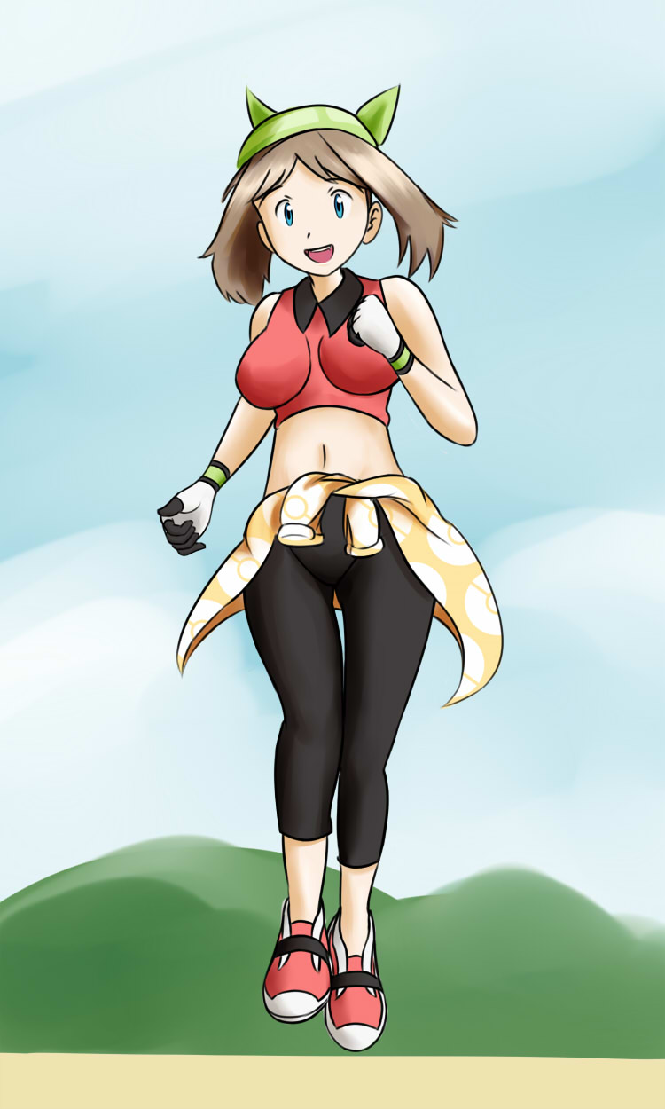 1girl bandana bandanna blue_eyes breasts brown_hair exercise gloves haruka_(pokemon) impossible_clothes large_breasts leggings midriff navel pokemon running shoes sig_(sfried) smile sneakers solo sweater_around_waist twintails