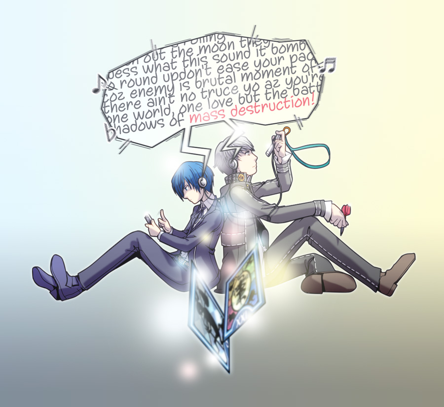 2boys arisato_minato blazer blue_eyes blue_hair dart digital_media_player dress_shirt english grey_hair headphones loafers lyrics multiple_boys narukami_yuu persona persona_3 persona_4 school_uniform shared_headphones shirt shoes t0kiwa tarot the_fool_(tarot_card) the_world_(tarot_card)