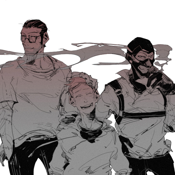 3boys balaclava cigarette closed_eyes gloves hoodie male mask monochrome multiple_boys no_hat no_headwear open_mouth simple_background smile smoke smoking t8909 team_fortress_2 the_scout the_sniper the_spy white_background