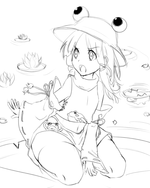 1girl detached_sleeves flat_chest frog hat lily_pad lineart long_hair magister_(bigbakunyuu) monochrome moriya_suwako open_mouth pond pyonta seiza sitting solo thick_thighs thigh-highs thighhighs thighs touhou turtleneck