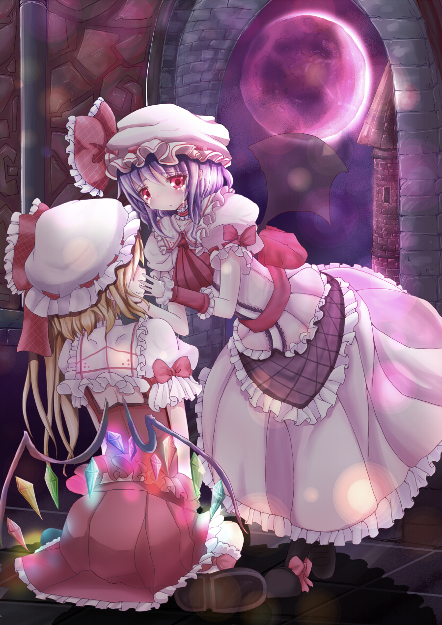 2girls arch ascot bat_wings blonde_hair blouse boots bow crying flandre_scarlet frills full_moon hands_on_another's_face hands_on_another's_face haru_ion hat hat_ribbon highres kneehighs lavender_hair light_particles mob_cap moon multiple_girls puffy_short_sleeves puffy_sleeves red_eyes red_moon remilia_scarlet ribbon sash shadow short_hair short_sleeves side_ponytail sitting skirt stone_floor stone_wall streaming_tears tears touhou tower wall wariza wavy_mouth wings wrist_cuffs