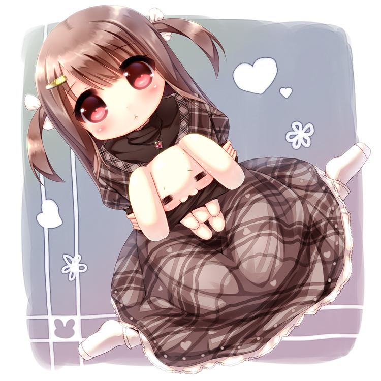 1girl :&lt; :3 =_= animal_ears bangs blunt_bangs blush brown_hair dearoliha dress hair_ornament hair_ribbon hairclip heart heart_necklace hug hug_from_behind jewelry long_hair necklace original plaid plaid_dress rabbit rabbit_ears red_eyes ribbon short_twintails sitting solo triangle_mouth twintails wariza