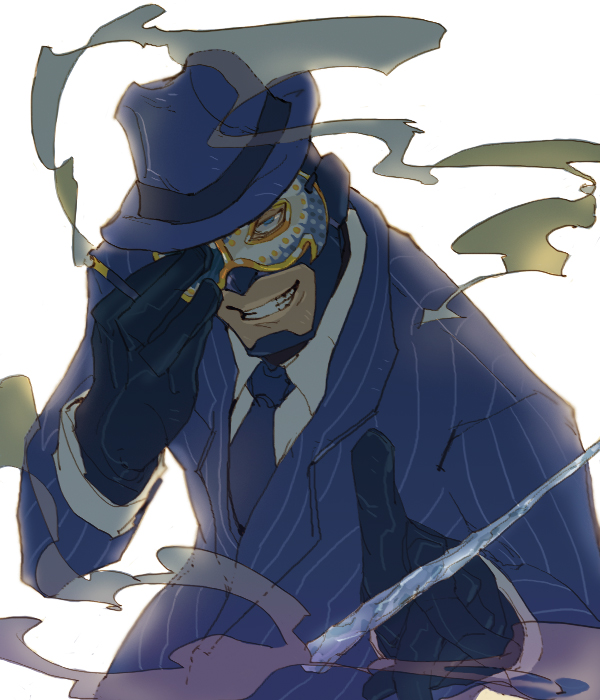 1boy blue_eyes cigarette fancy_fedora fedora formal gloves grin hat le_party_phantom looking_at_viewer male mask necktie simple_background smile smoke solo spy-cicle suit t8909 team_fortress_2 the_spy weapon white_background