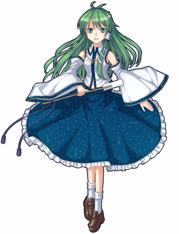1girl blue_eyes blush breasts detached_sleeves frog_hair_ornament gohei green_hair hair_ornament hair_tubes jewelry kochiya_sanae long_hair necklace open_mouth shoes skirt smile snake_hair_ornament solo take5321 touhou