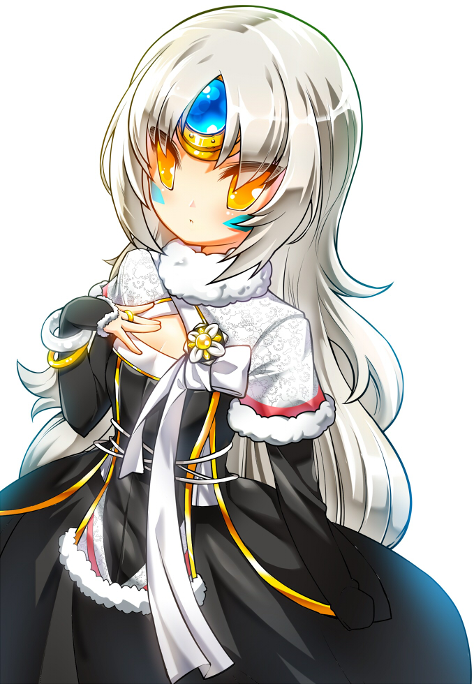 1girl black_dress dress elsword eve_(elsword) expressionless forehead_jewel jewelry long_hair poseich ring solo white_background white_hair yellow_eyes