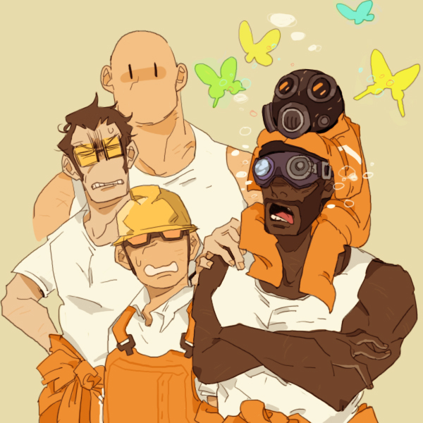 4boys bald butterfly carrying chell chell_(cosplay) cosplay dark_skin facial_hair gas_mask helmet multiple_boys no_hat no_headwear open_mouth overalls portal portal_2 pyrovision_goggles shoulder_carry sunglasses t8909 team_fortress_2 the_demoman the_engineer the_heavy the_pyro the_sniper tongue