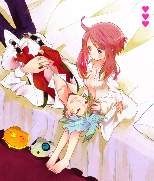 1boy 1girl alternate_hair_color arm_around_waist aron barefoot bed belt breasts cleavage couple haruka_(pokemon) lying naked_shirt open_clothes open_jacket open_shirt pokemon pokemon_(creature) pokemon_(game) pokemon_rse pomeko red_hair redhead silver_hair sitting_on_bed torchic tsuwabuki_daigo