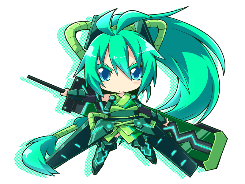 1girl aqua_eyes chibi fusion gauntlets greaves green_hair headgear isshiki_akane reku saegusa_wakaba sword vividgreen vividred_operation weapon