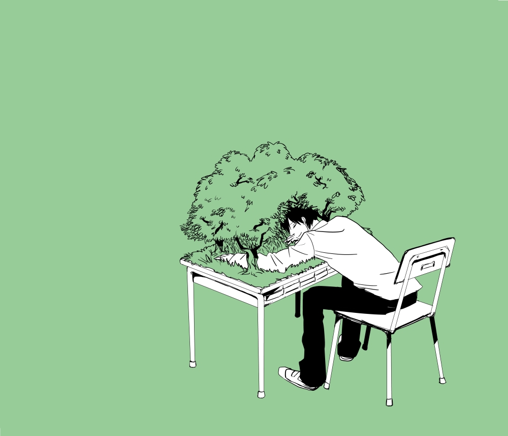 1boy chair desk green_background male monochrome nature seki_toshinari sitting sleeping solo spot_color tonari_no_seki-kun tree