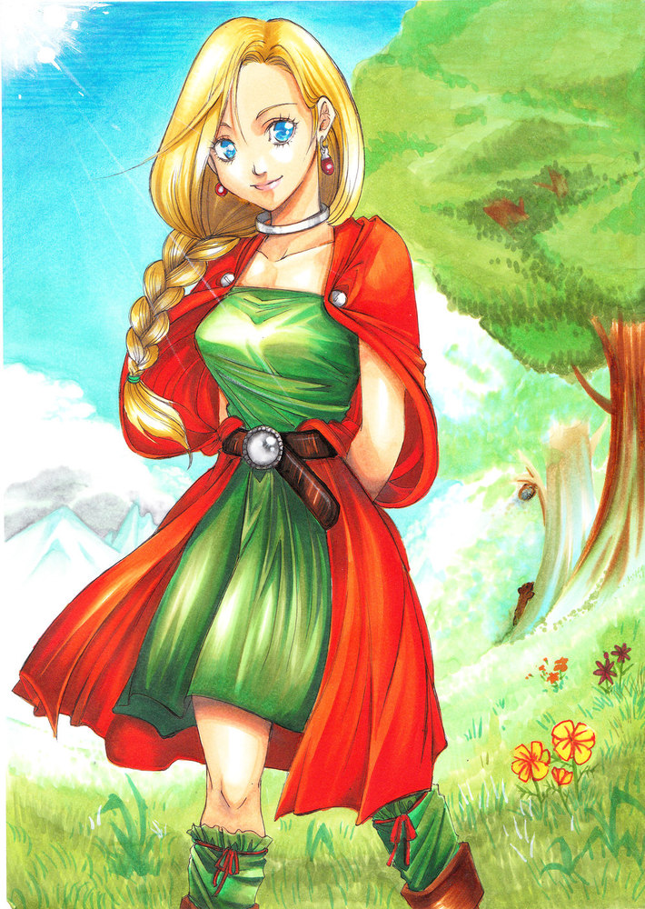 1girl arms_behind_back belt bianca blonde_hair blue_eyes braid breasts cape dragon_quest dragon_quest_v dress earrings green_dress jewelry leg_warmers lipstick long_hair low-tied_long_hair makeup marker_(medium) neck_ring single_braid smile solo traditional_media tree you_kazuna