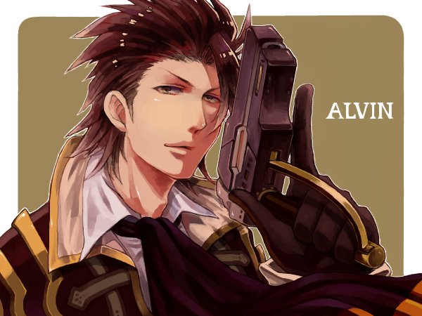 1boy alvin_(tales_of_xillia) brown_eyes brown_hair character_name cravat drawr gun oh_1234 solo tales_of_(series) tales_of_xillia weapon