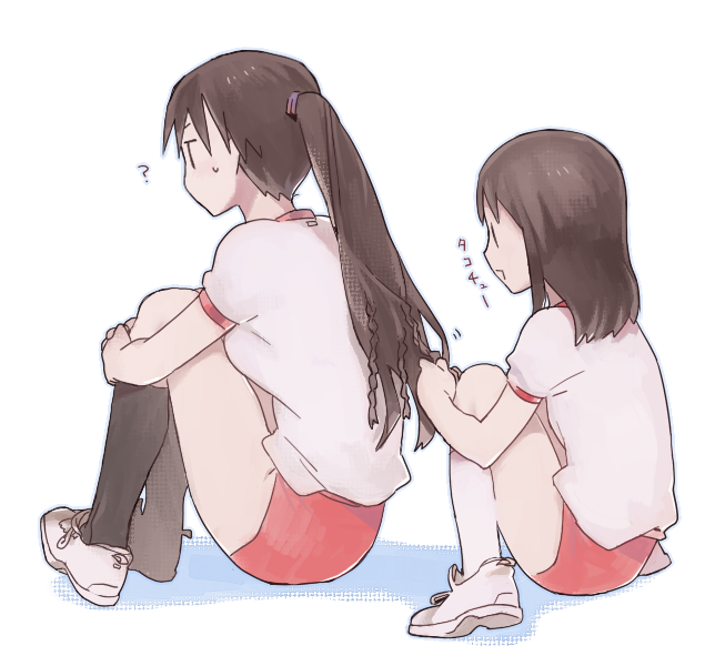 2girls ? azumanga_daioh braid braiding_hair brown_hair buruma hair_dressing hairdressing kasuga_ayumu kitaya kneehighs long_hair multiple_girls ponytail sakaki shoes short_hair sitting |_|