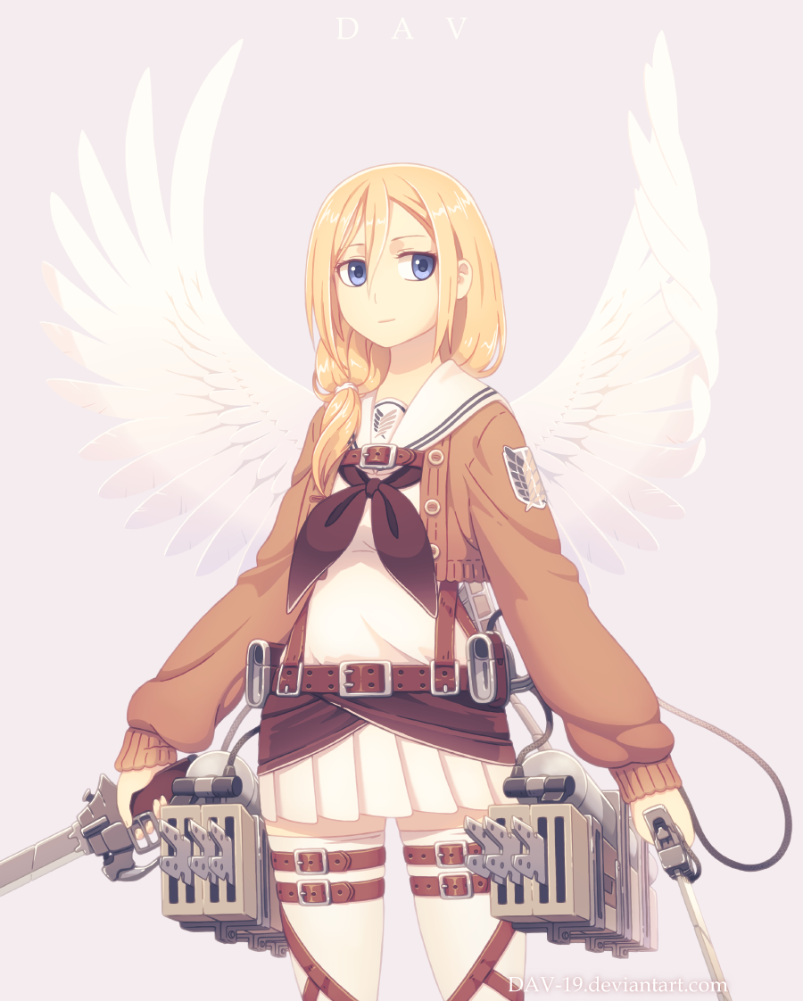 1girl adapted_costume alternate_costume angel_wings artist_name blonde_hair christa_renz dav-19 pleated_skirt pullover purple_background school_uniform serafuku shingeki_no_kyojin short_hair simple_background skirt solo thigh-highs three-dimensional_maneuver_gear watermark web_address white_legwear wings