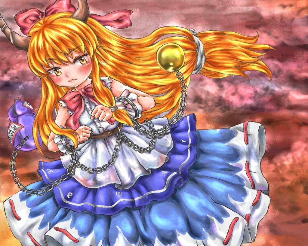 1girl belt bow chain clenched_hand cloudy_sky cuffs frown gourd hair_bow horns ibuki_suika lips long_hair looking_at_viewer low-tied_long_hair manacles orange_hair red_background ribbon skirt sleeveless solo taremayu_(kikai_tomato) very_long_hair wrist_cuffs yellow_eyes