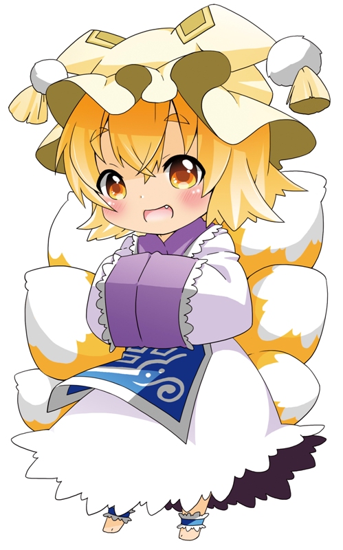 1girl berry_jou blonde_hair blush chibi dress fang fox_tail hands_in_sleeves hat hat_with_ears long_sleeves looking_at_viewer multiple_tails open_mouth short_hair smile solo tabard tail touhou white_dress wide_sleeves yakumo_ran yellow_eyes