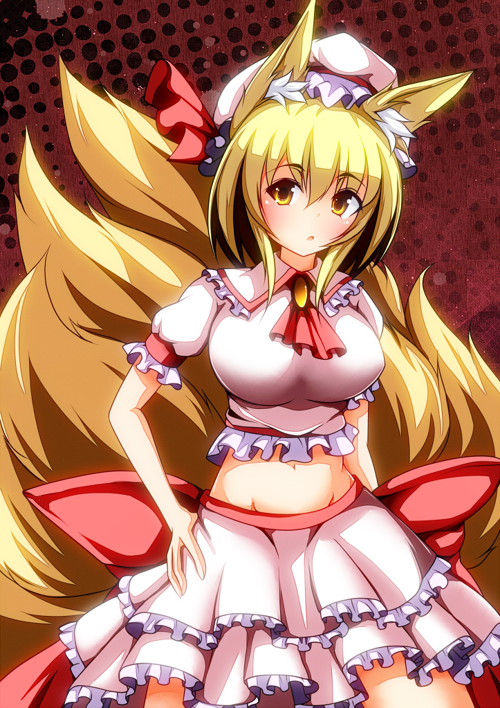 1girl animal_ears blonde_hair breasts cosplay fox_ears fox_tail hat large_breasts merry_(diameri) midriff multiple_tails open_mouth remilia_scarlet remilia_scarlet_(cosplay) short_hair short_sleeves skirt solo tail touhou yakumo_ran yellow_eyes