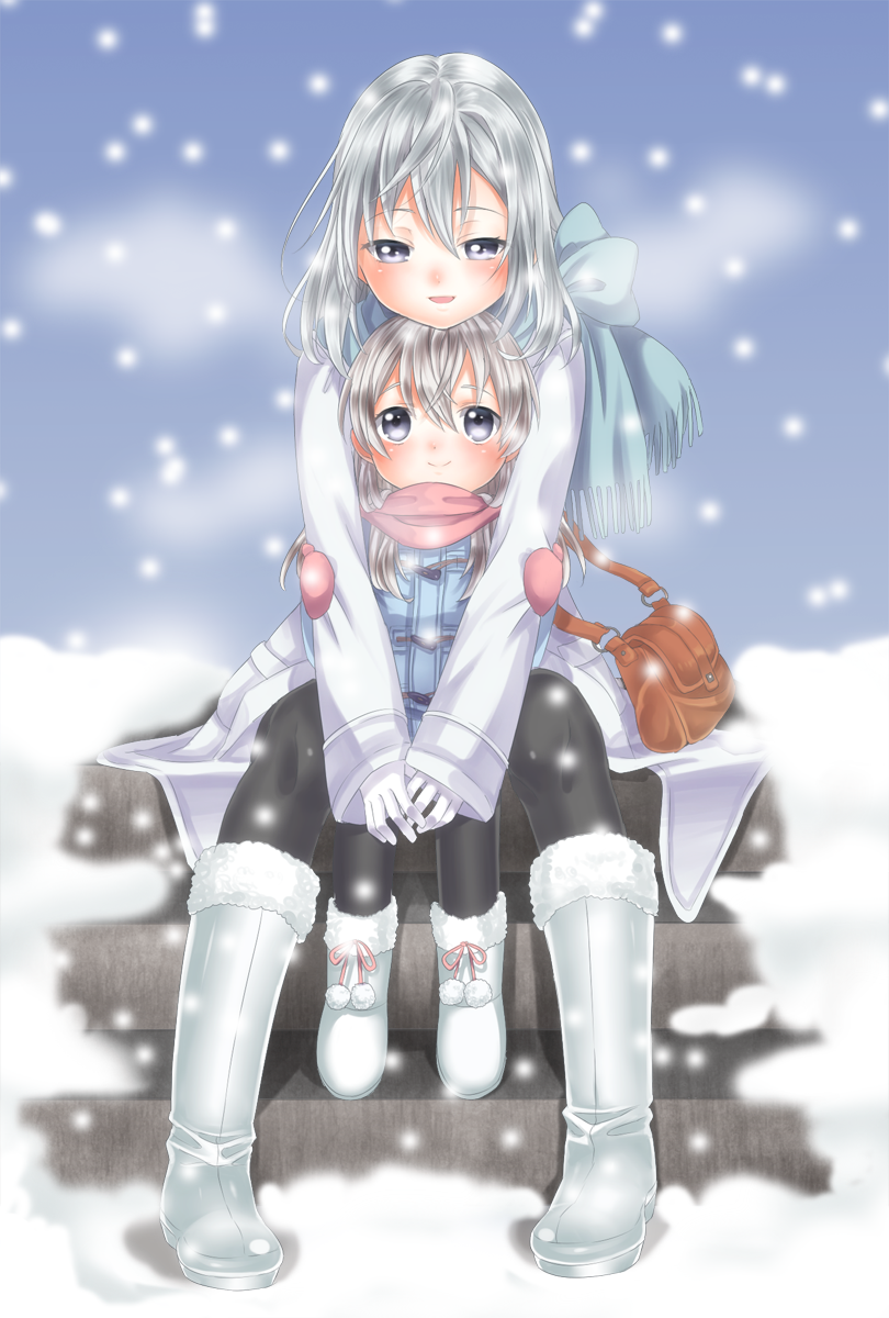 2girls aurora_e_juutilainen blue_eyes boots child eila_ilmatar_juutilainen gloves hair_ribbon hug hug_from_behind multiple_girls pomery ribbon scarf siblings silver_hair sisters snow strike_witches young
