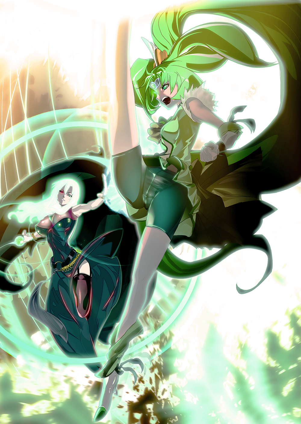2girls angry battle bike_shorts breasts clenched_hand cure_march dress green green_dress green_eyes green_hair heterochromia highres hybrid_pandap large_breasts leg_up long_hair magical_girl majorina midorikawa_nao multiple_girls open_mouth ponytail precure purple_legwear red_eyes revision shoes smile thigh-highs thigh_strap tri_tails
