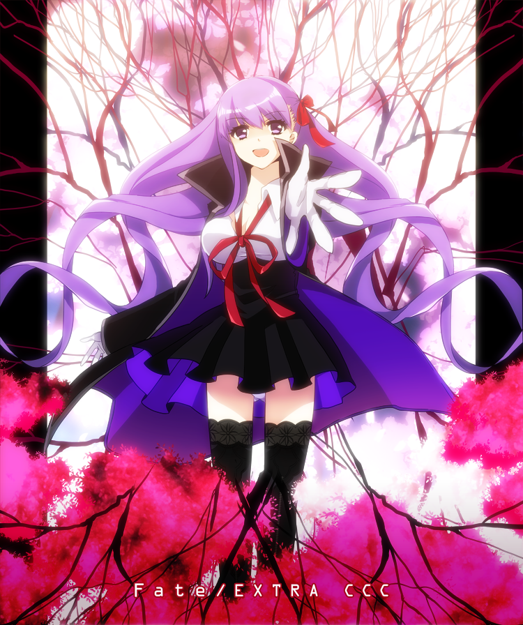 1girl bb_(fate/extra_ccc) black_legwear boru-boru breasts fate/extra_ccc fate_(series) gloves hair_ribbon lace lace-trimmed_thighhighs large_breasts long_hair purple_hair ribbon solo thigh-highs title_drop very_long_hair violet_eyes
