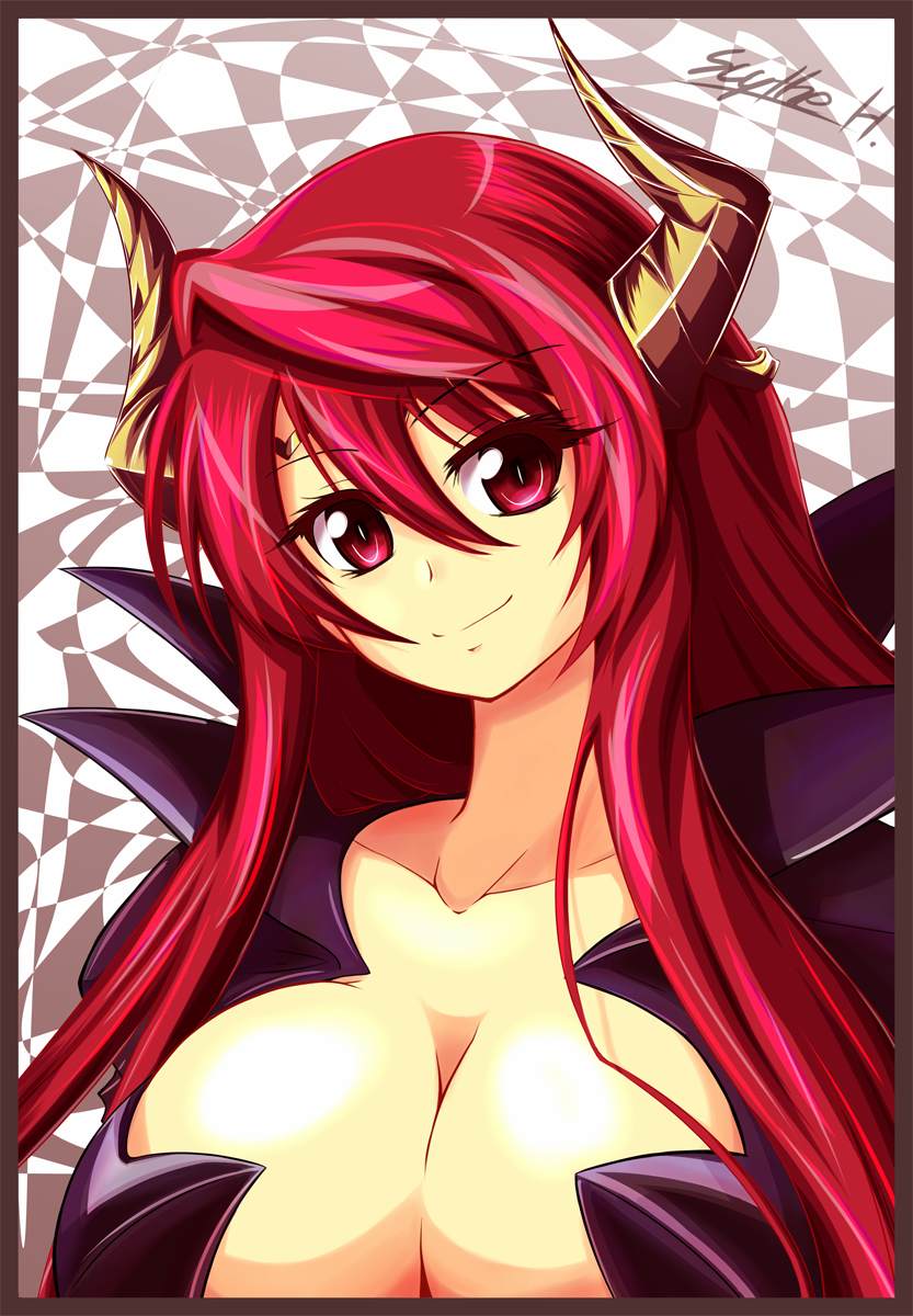 1girl breasts cleavage horns large_breasts long_hair maou_(maoyuu) maoyuu_maou_yuusha miyabi_urumi red_eyes redhead smile solo