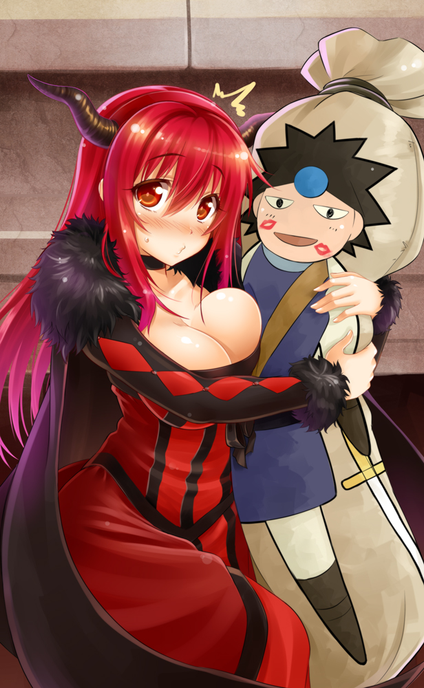 /\/\/\ 1girl breasts choker cleavage dakimakura_(object) dress fake_horns fur_trim horns large_breasts lipstick_mark long_hair looking_at_viewer maou_(maoyuu) maoyuu_maou_yuusha okitakung pillow pillow_hug red_dress red_eyes redhead solo sweat