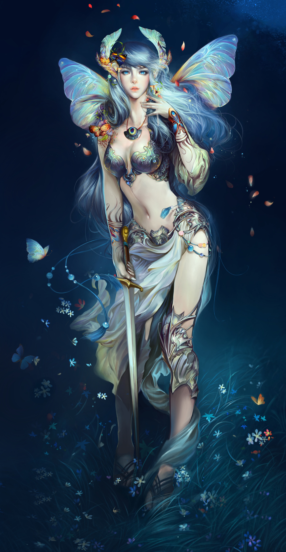 1girl angelos blue_eyes blue_hair breasts butterfly butterfly_wings cleavage hair_ornament highres jewelry large_breasts lips long_hair looking_at_viewer necklace original petals standing sword weapon wings