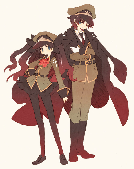 1boy 1girl black_legwear blue_eyes brown_hair facial_hair fate/stay_night fate/zero fate_(series) father_and_daughter gloves goatee guilty hair_ribbon hat jacket_on_shoulders long_hair military military_cap military_uniform pantyhose ribbon tohsaka_rin toosaka_rin toosaka_tokiomi two_side_up uniform