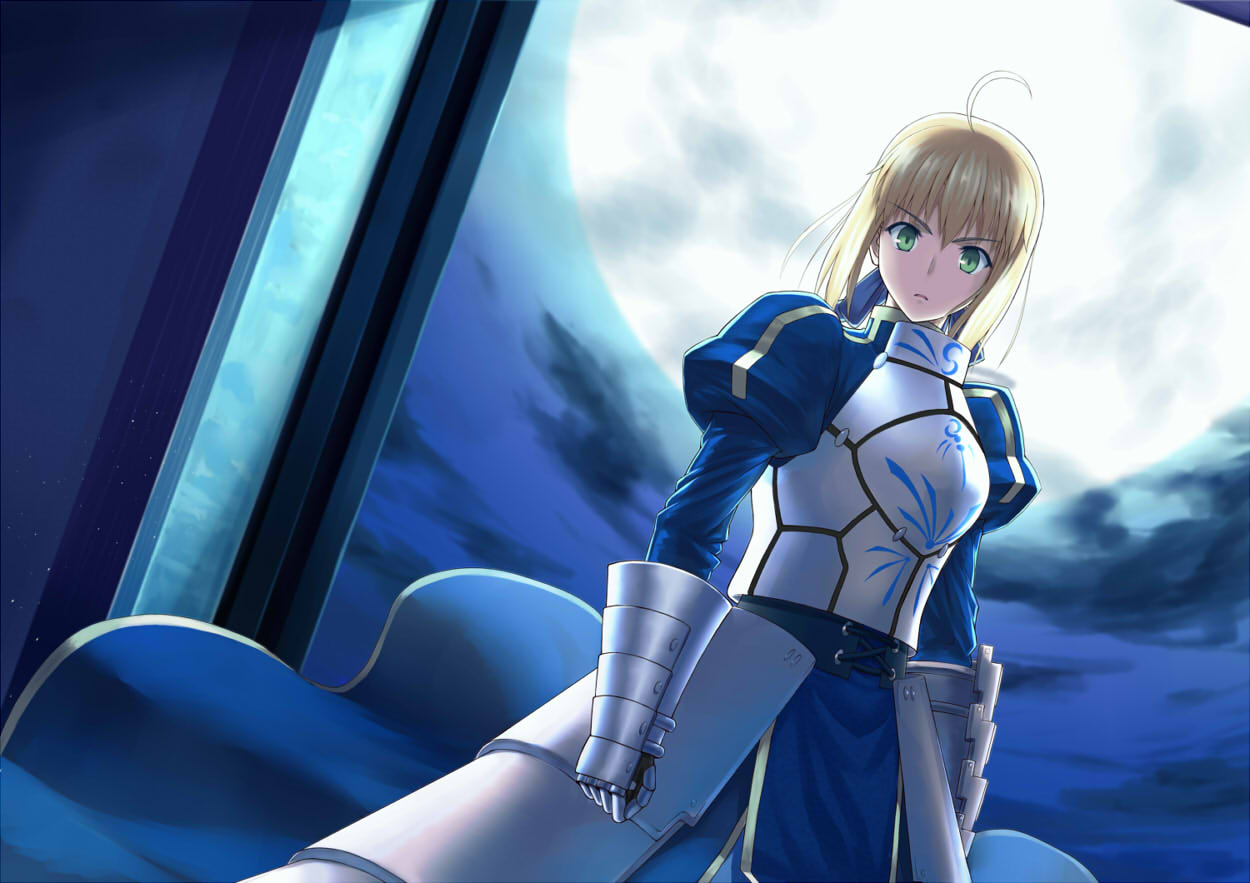 1girl ahoge armor armored_dress bible_(pixiv) blonde_hair dress dutch_angle excalibur fate/stay_night fate_(series) full_moon gauntlets green_eyes hair_ribbon juliet_sleeves long_sleeves moon puffy_sleeves ribbon saber solo