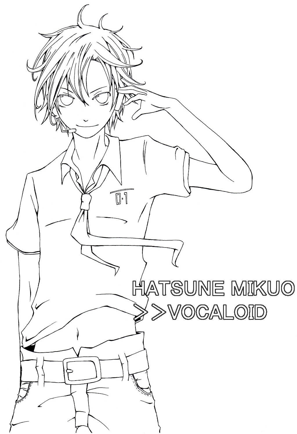 1boy character_name gari_(apollonica) hatsune_mikuo lineart looking_at_viewer monochrome necktie short_hair smile solo title_drop vocaloid