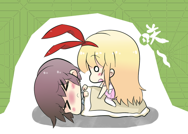 &gt;_&lt; 2girls amae_koromo artist_request blonde_hair brown_hair chibi long_hair miyanaga_saki multiple_girls o_o saki short_hair sleeping straddle