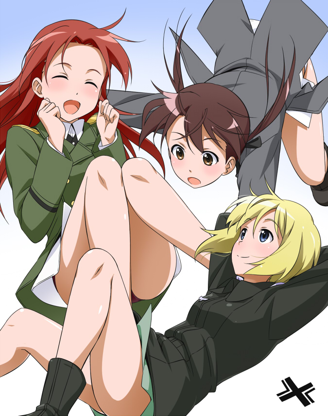 3girls arms_behind_head blonde_hair blue_eyes blush boots brown_eyes brown_hair closed_eyes erica_hartmann gertrud_barkhorn long_hair long_sleeves military military_uniform minna-dietlinde_wilcke multiple_girls open_mouth panties redhead shorts smile strike_witches twintails underwear uniform youkan