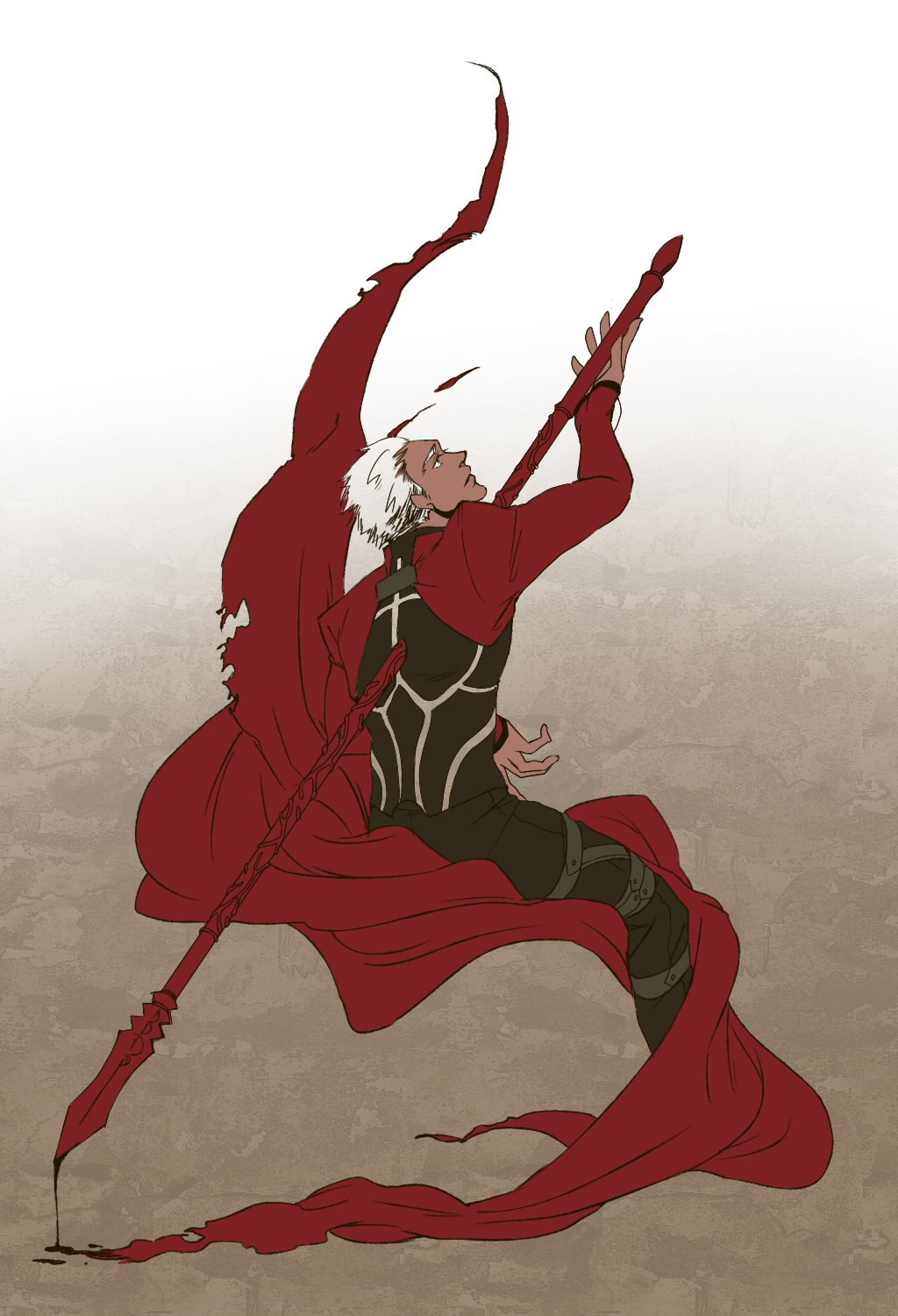 1boy archer cloak dark_skin fate/stay_night fate_(series) gae_bolg polearm solo spear stabbing suzaki weapon white_hair