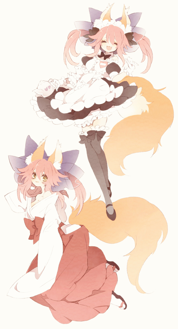 2girls animal_ears apron bow caster_(fate/extra) dual_persona fate/extra fate_(series) fox_ears fox_tail guilty hair_bow hair_ribbon japanese_clothes maid maid_headdress miko multiple_girls ribbon tail thigh-highs twintails yellow_eyes