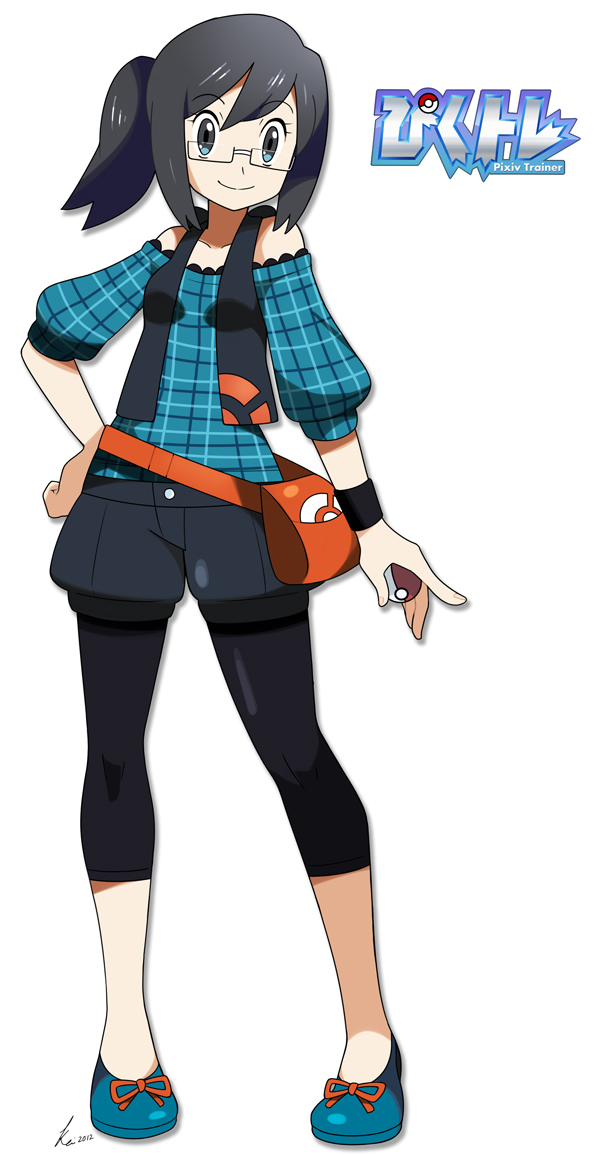 1girl 2012 artist_self-insert bare_shoulders black_hair blue_eyes dated fictional_persona flats glasses hand_on_hip kei-chan_(atlas_kei) leggings pigeon-toed pixiv_trainer plaid poke_ball pokemon short_ponytail signature simple_background smile solo standing tagme title_drop white_background wristband