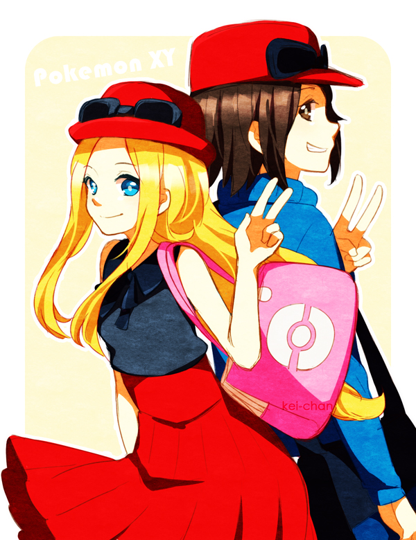 1boy 1girl artist_name back-to-back bare_shoulders baseball_cap blonde_hair blue_eyes brown_hair character_request goggles grin hat kei-chan_(atlas_kei) long_hair looking_at_viewer parted_lips pokemon pokemon_(game) pokemon_xy skirt smile title_drop v