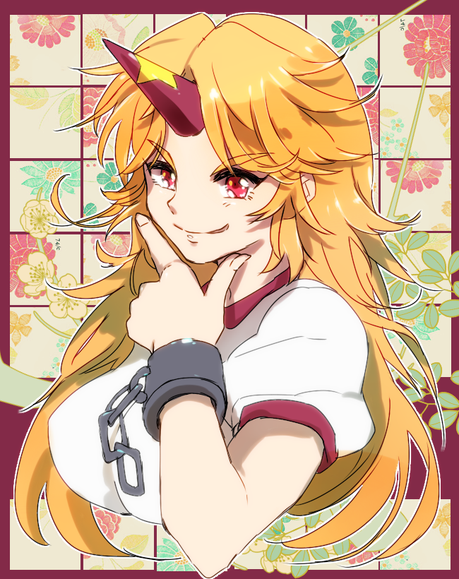 1girl blonde_hair border bust chain chin_grab cuffs floral_background flower horn hoshiguma_yuugi long_hair manacles poko_(mammypoko) puffy_short_sleeves puffy_sleeves red_eyes short_sleeves smile smirk solo t-shirt touhou