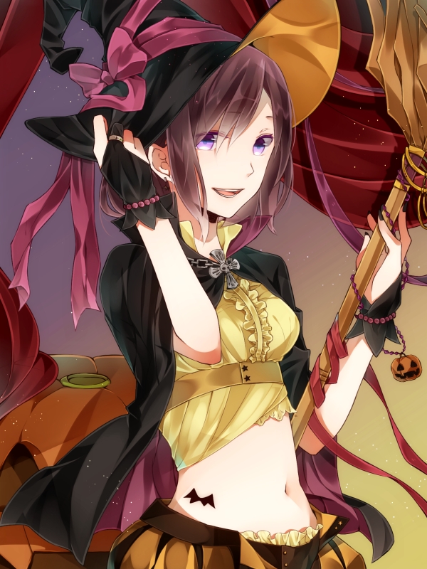 1girl breasts d.gray-man hat jack-o'-lantern long_hair looking_at_viewer maki_(lovyu) open_mouth purple_hair ribbon smile solo violet_eyes witch_hat